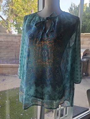Ann Taylor Teal Paisley Tie-Neck Blouse 3/4 Sleeve LP Sheer